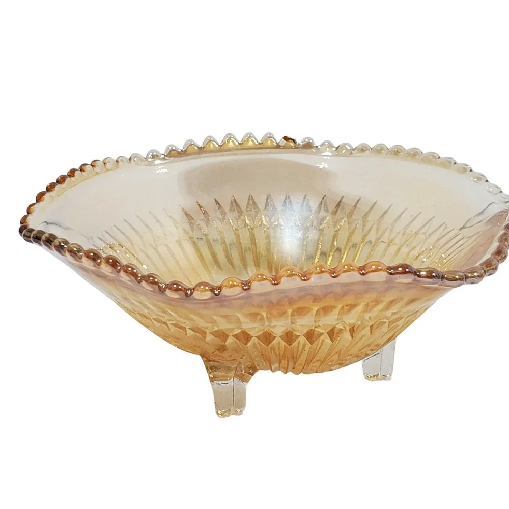 Indiana Glass Marigold Carnival Glass Footed Bowl Amber‎ Iridescent Sawtooth Rim